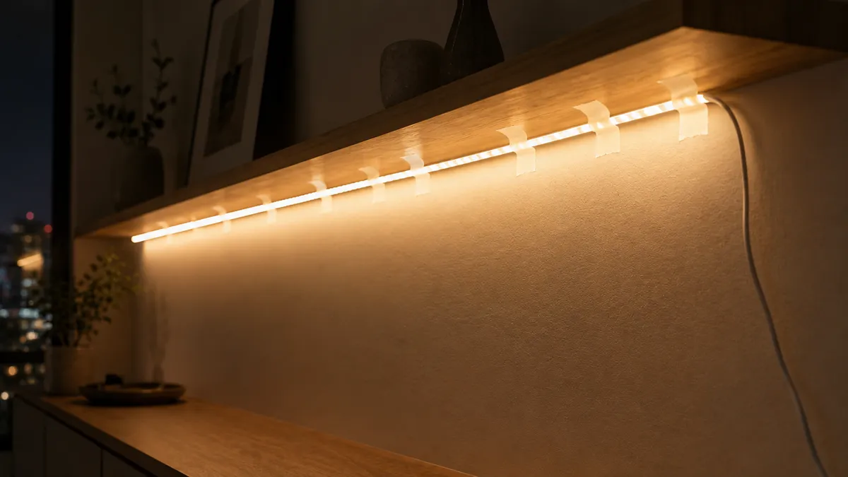 棚裏に仮止めしたLEDテープライトで夜の見え方を試す様子