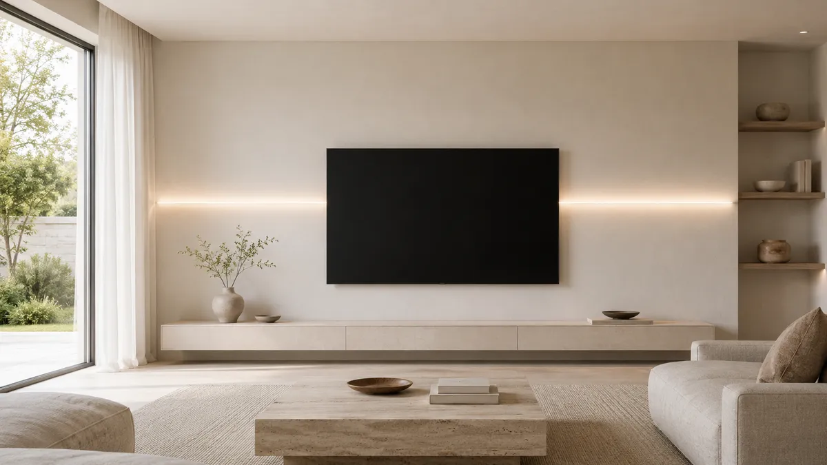 テレビ裏に横長の間接照明を仕込み、電源オフのテレビ背面の壁をやわらかく照らした明るい昼のリビング。画面の輪郭から壁へ明るさがなだらかにつながる例