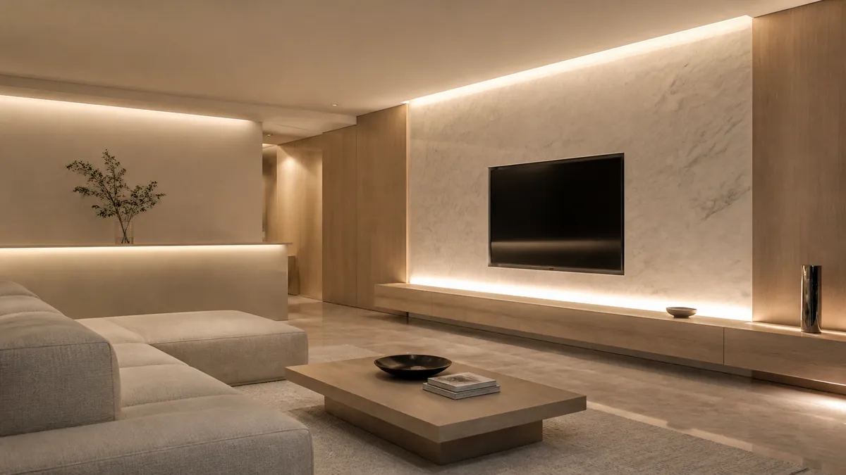 マーブルのメディアウォールに黒いテレビを納め、視線の止まる場所に低く間接光を置いたモダンで抑制の効いた空間