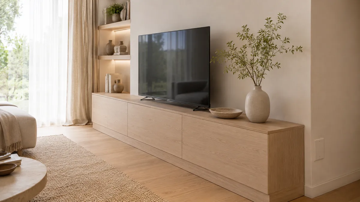 テレビボードが壁にぴったり寄せられ、家具裏の隙間がほとんどないすっきりした壁際。配線の出っ張りを感じさせない納まり