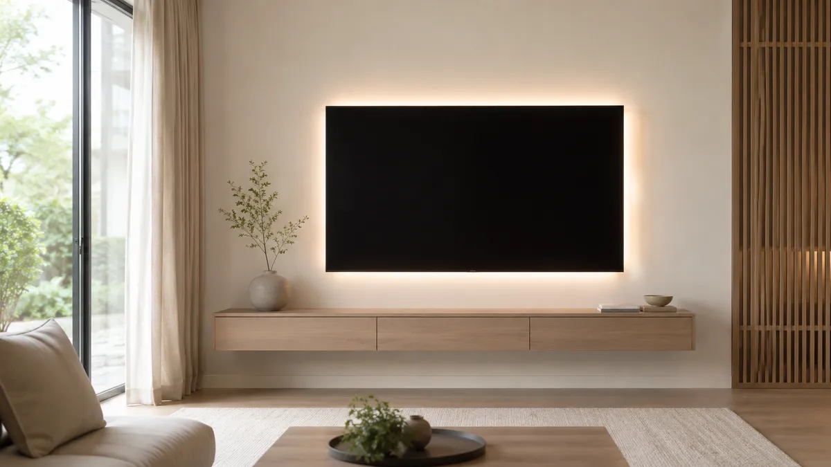 壁掛けの薄型テレビの背面がやわらかい間接光で照らされ、配線が一切見えないすっきりしたテレビまわり