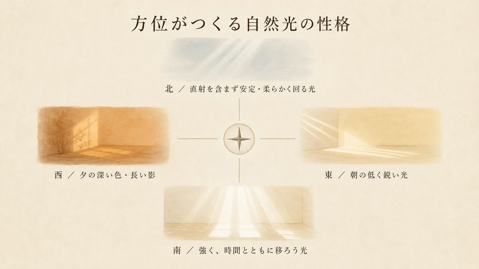 方位がつくる自然光の性格(北・東・南・西)