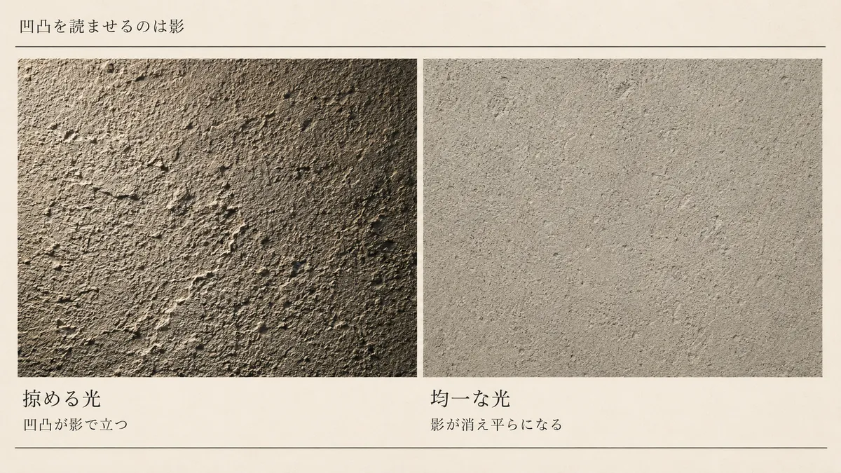 同じ凹凸の面が、掠める光では影で立ち、均一な光では影を失い平らになる対比図