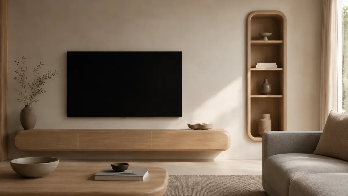 背の高い棚と黒い画面のテレビを壁に固定し、角を丸めてコードを隠した、安全に配慮した子育てリビング