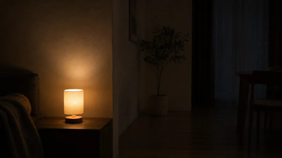 暗い部屋で一灯だけ点灯する小さなLEDランプ