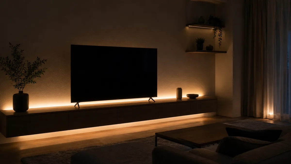 テレビボード背面に長く回したLEDテープライトの間接照明