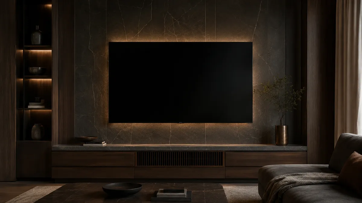 テレビ背面の壁をやわらかく照らし、画面と背景の明暗差を抑えたバイアスライト