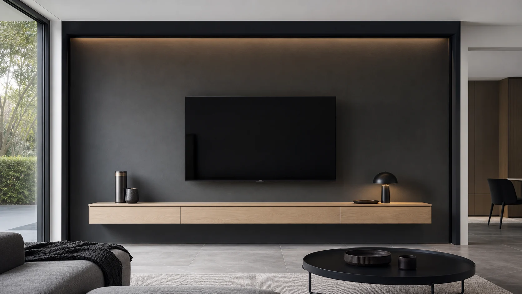 電源を切った黒いテレビの背面で、くすんだ寒色のアクセントクロスをコーブ照明が上からなでてマットに沈ませる造作壁。細い黒スチールの見切りと淡いオークの浮き棚、寒色グレーの大判タイル床