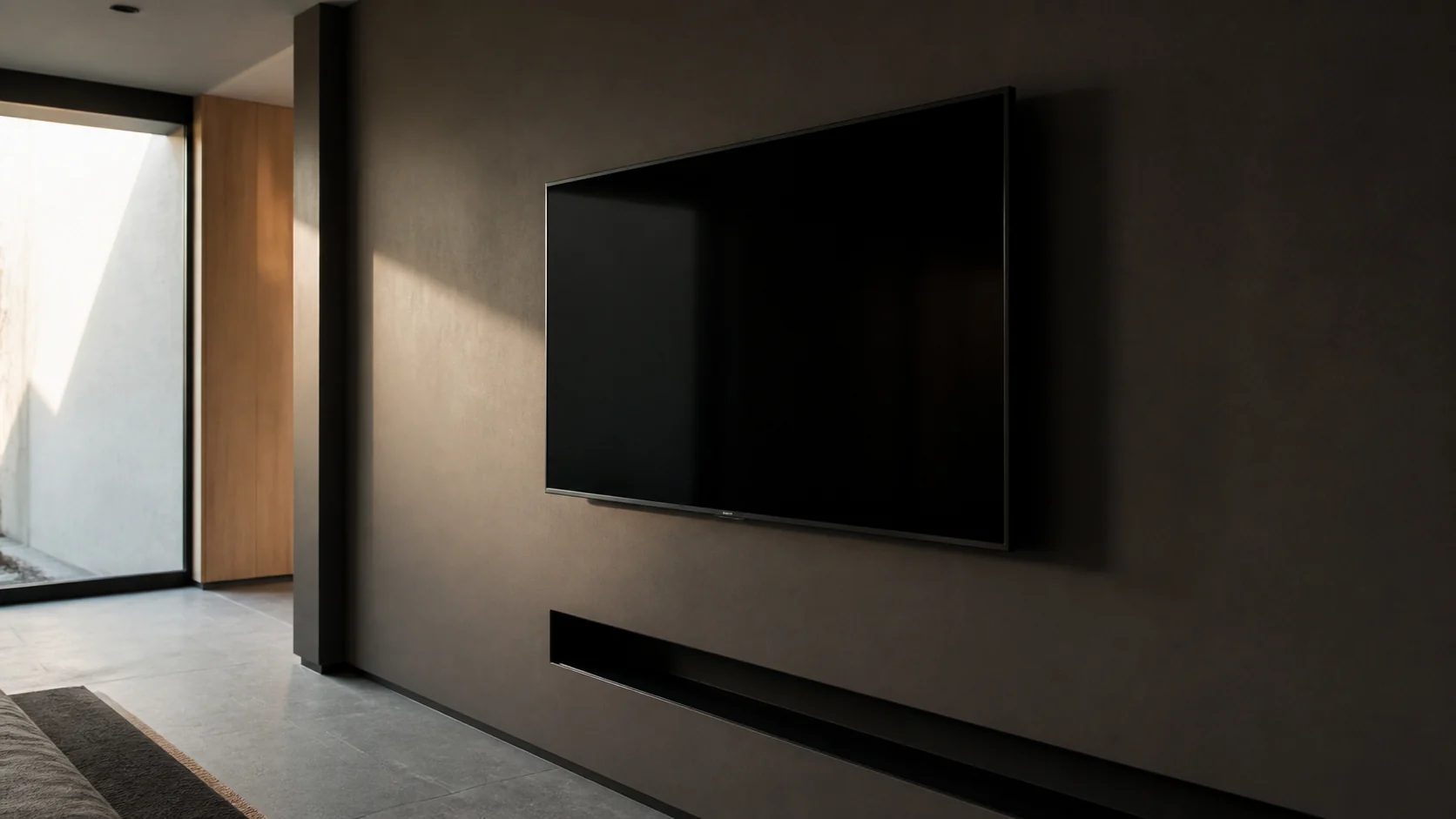 消灯した黒いテレビの背後で、低い斜光がマットな濃色のアクセント壁を画面いっぱいに走り、至近の視線に入る面の広さを見せる