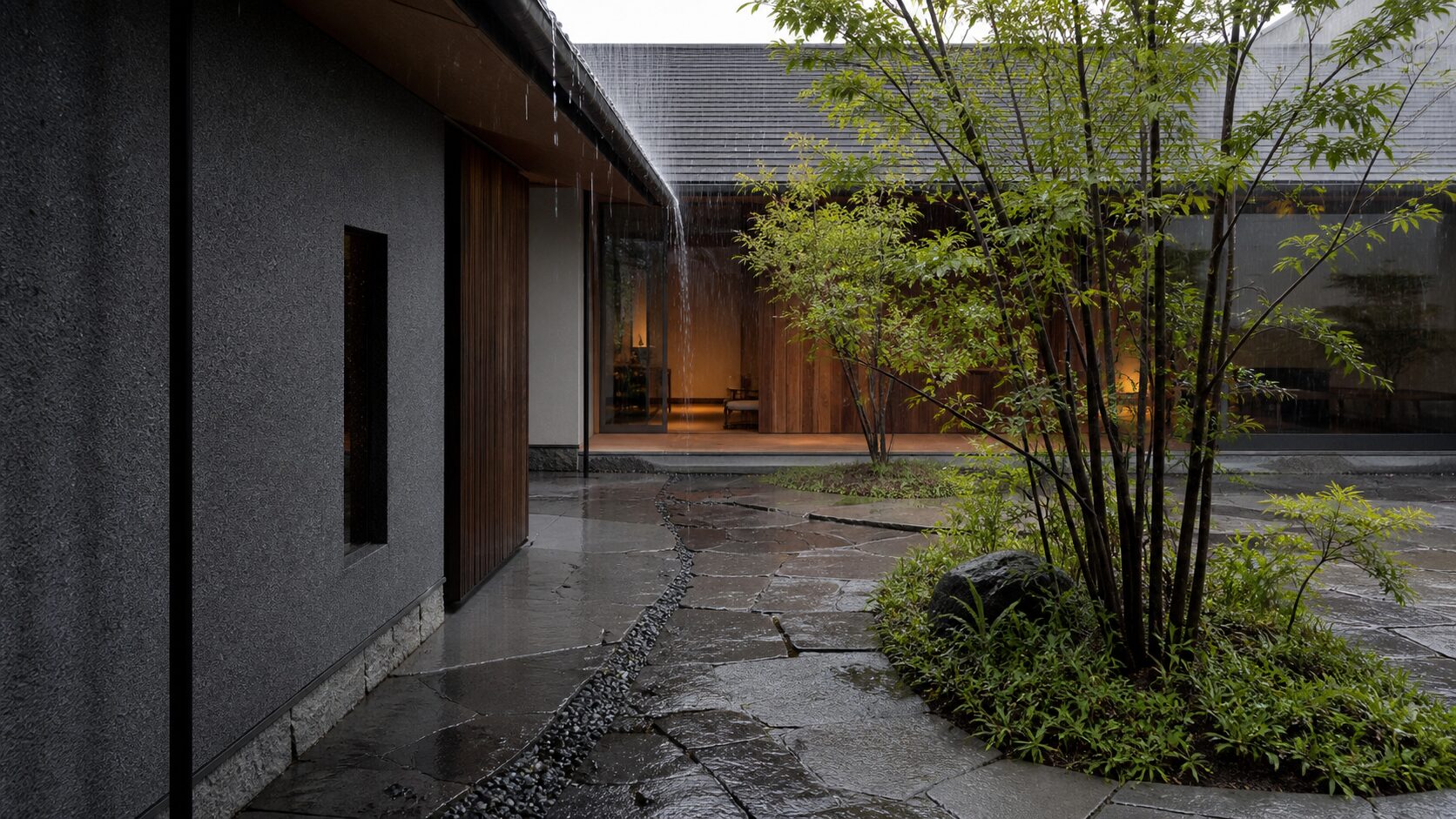 屋根・植栽・石床に降る雨を受ける中庭