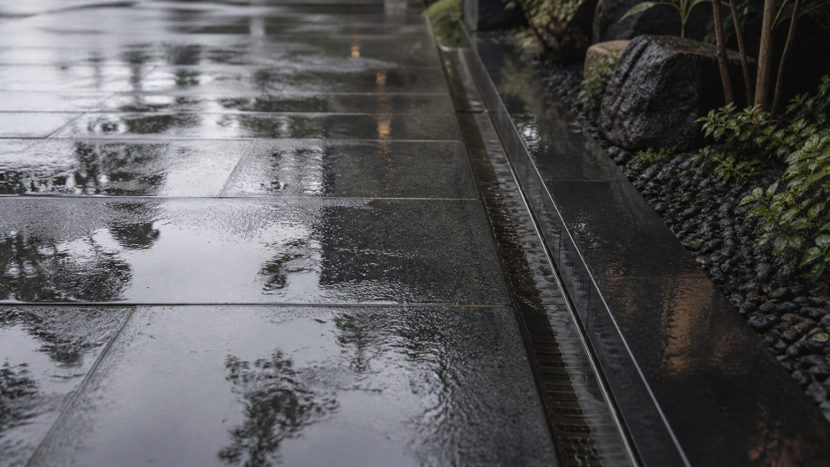石床の端に設けた中庭の排水スリット