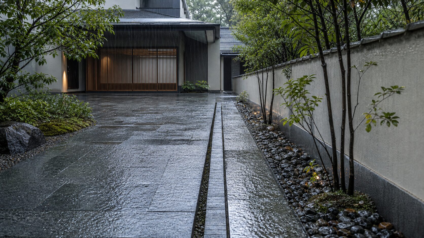 中庭の境界に沿う雨水の逃げ道