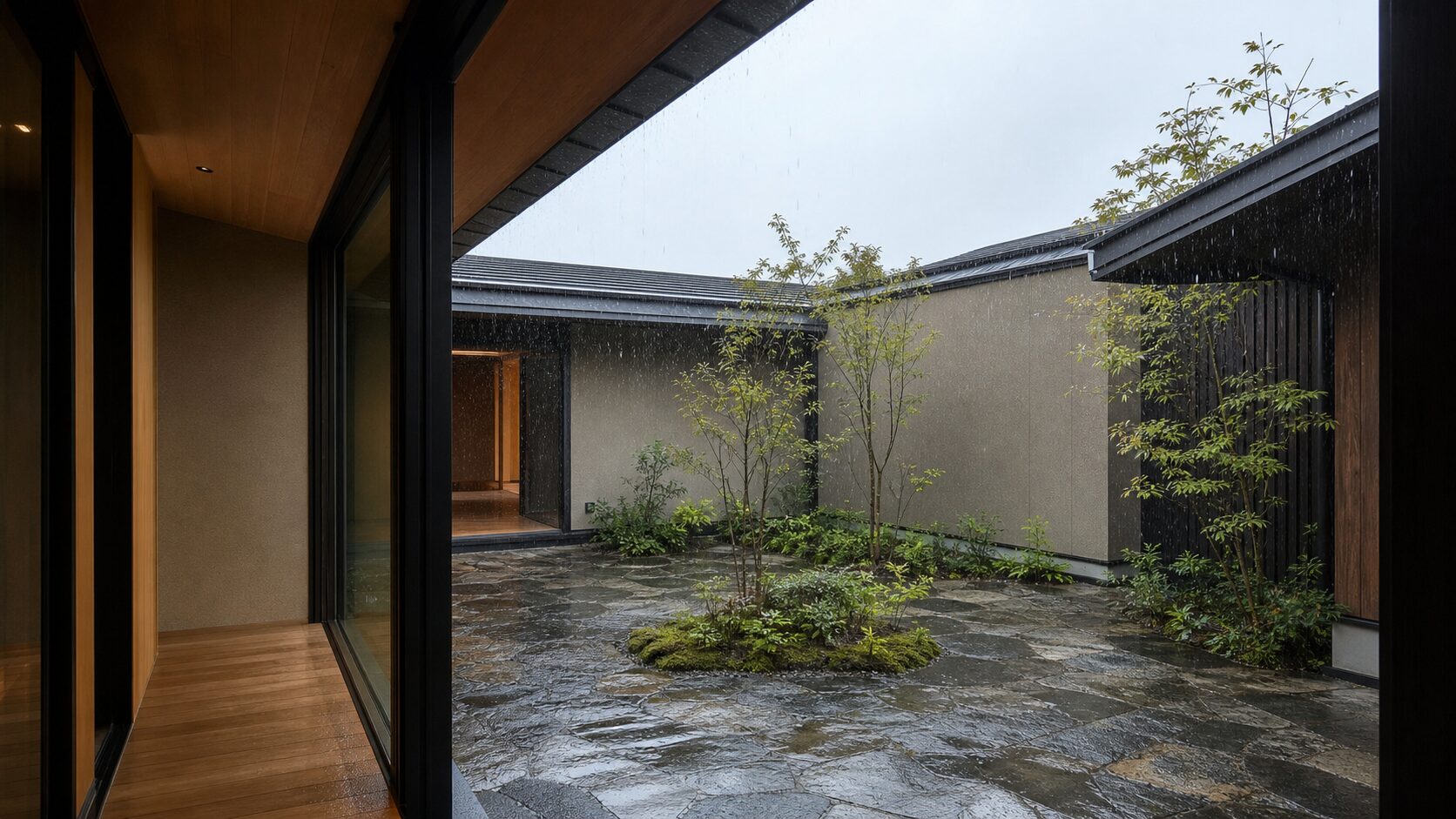 雨の中庭全体と軒・植栽・石床の関係