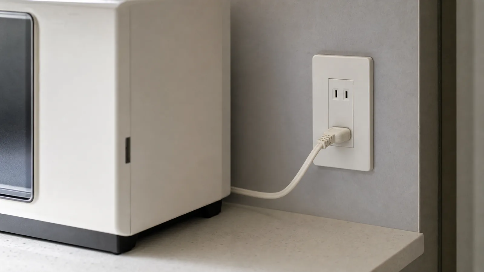 日本の縦型二極コンセントと家電の間にプラグとコードの余地を確保した納まり