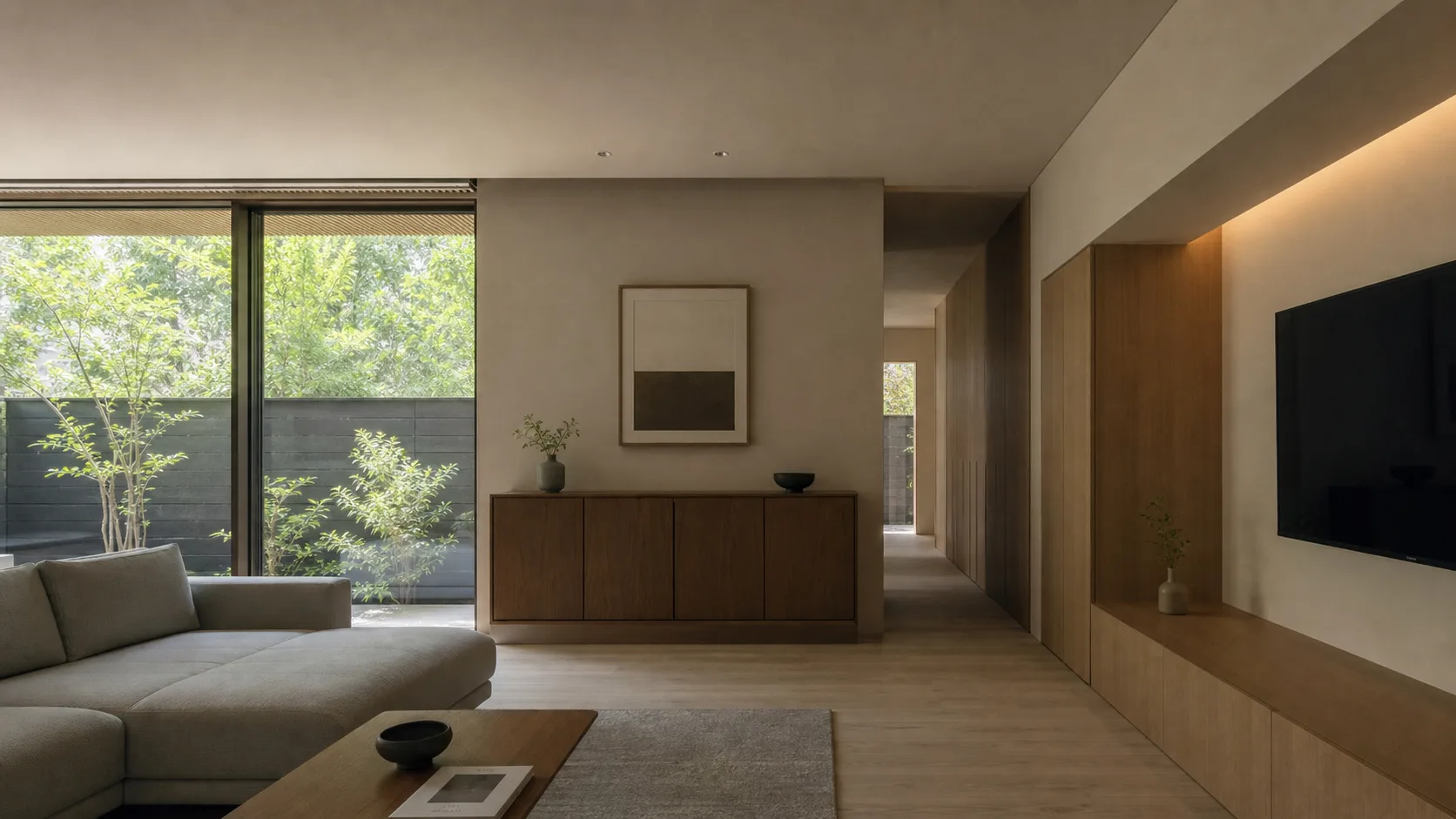 塗り壁のある静かな部屋。ニッチの花器と籐の椅子、庭からの木漏れ日が壁の陰影を穏やかに拾う