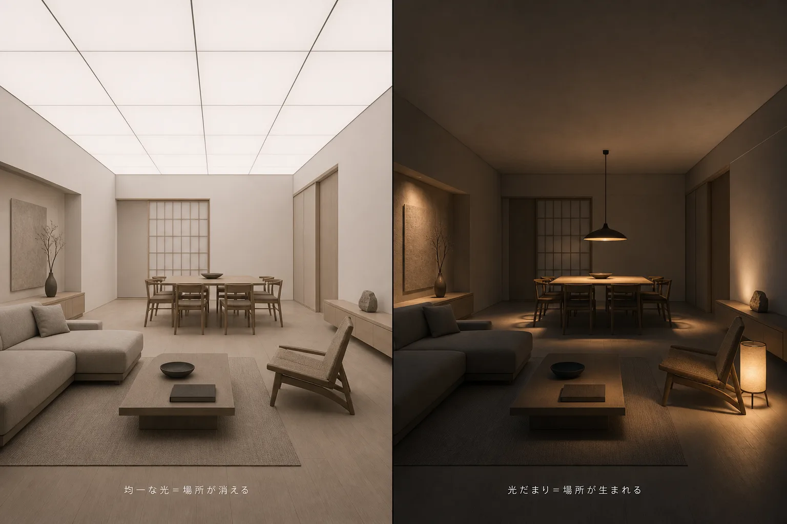 均一な光で場所が消える部屋と、光だまりで場所が生まれる部屋の対比図