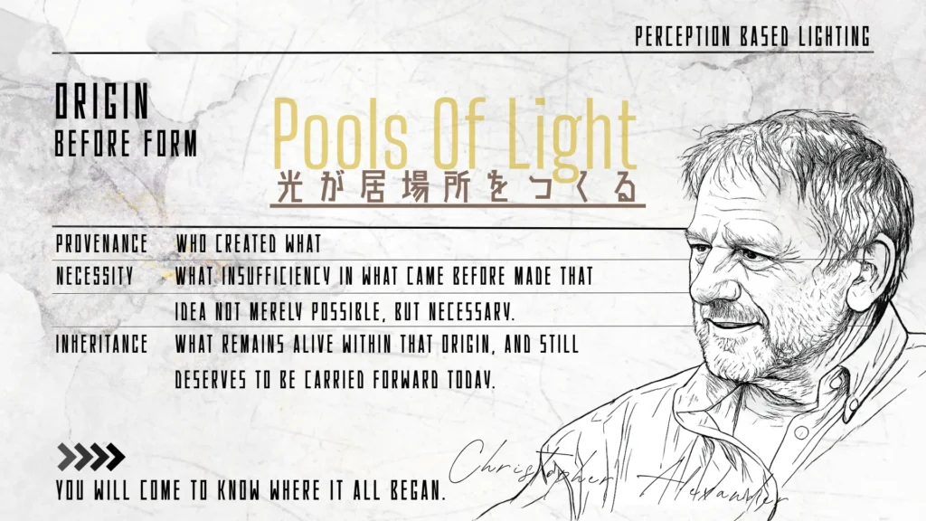 Pools of Light（光が居場所をつくる）とクリストファー・アレグザンダーの肖像スケッチを組んだアイキャッチ