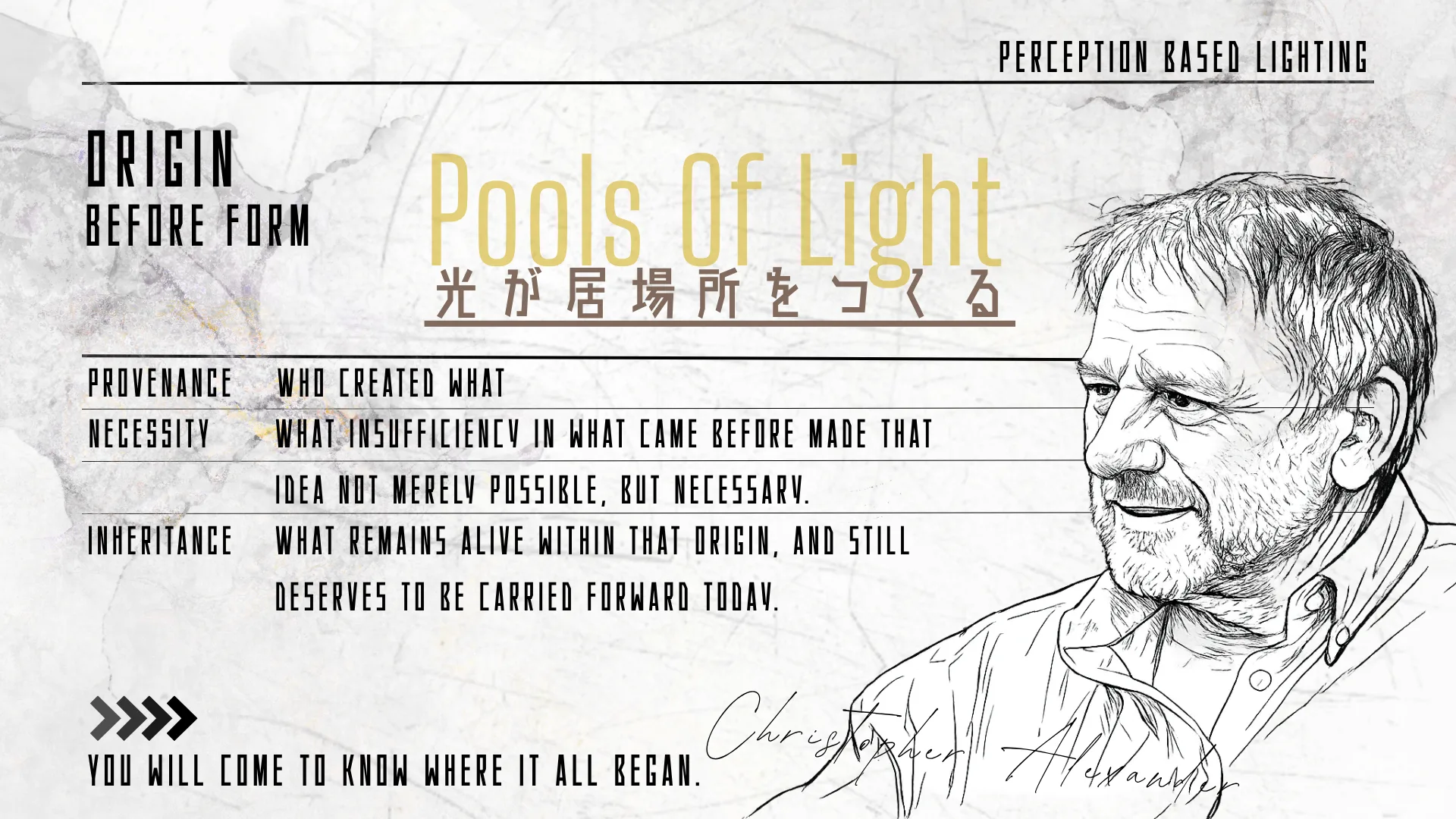 Pools of Light(光が居場所をつくる)とクリストファー・アレグザンダーの肖像スケッチを組んだアイキャッチ
