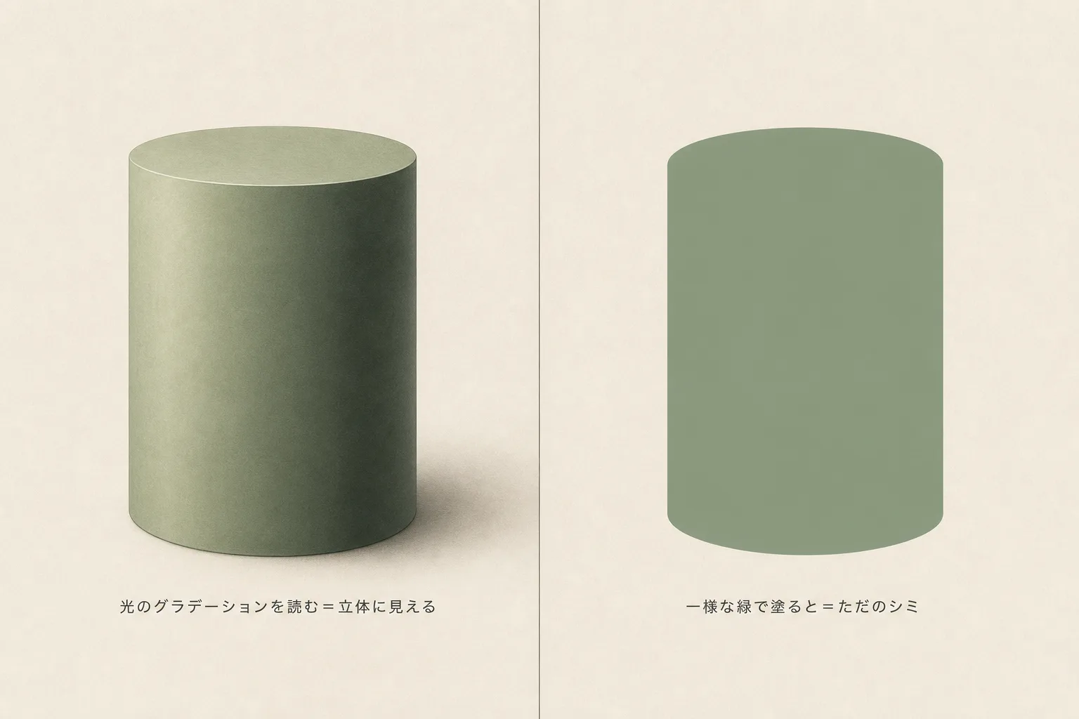 光のグラデーションを読むと立体に見え、一様な緑で塗るとただのシミになる緑の円柱の対比図