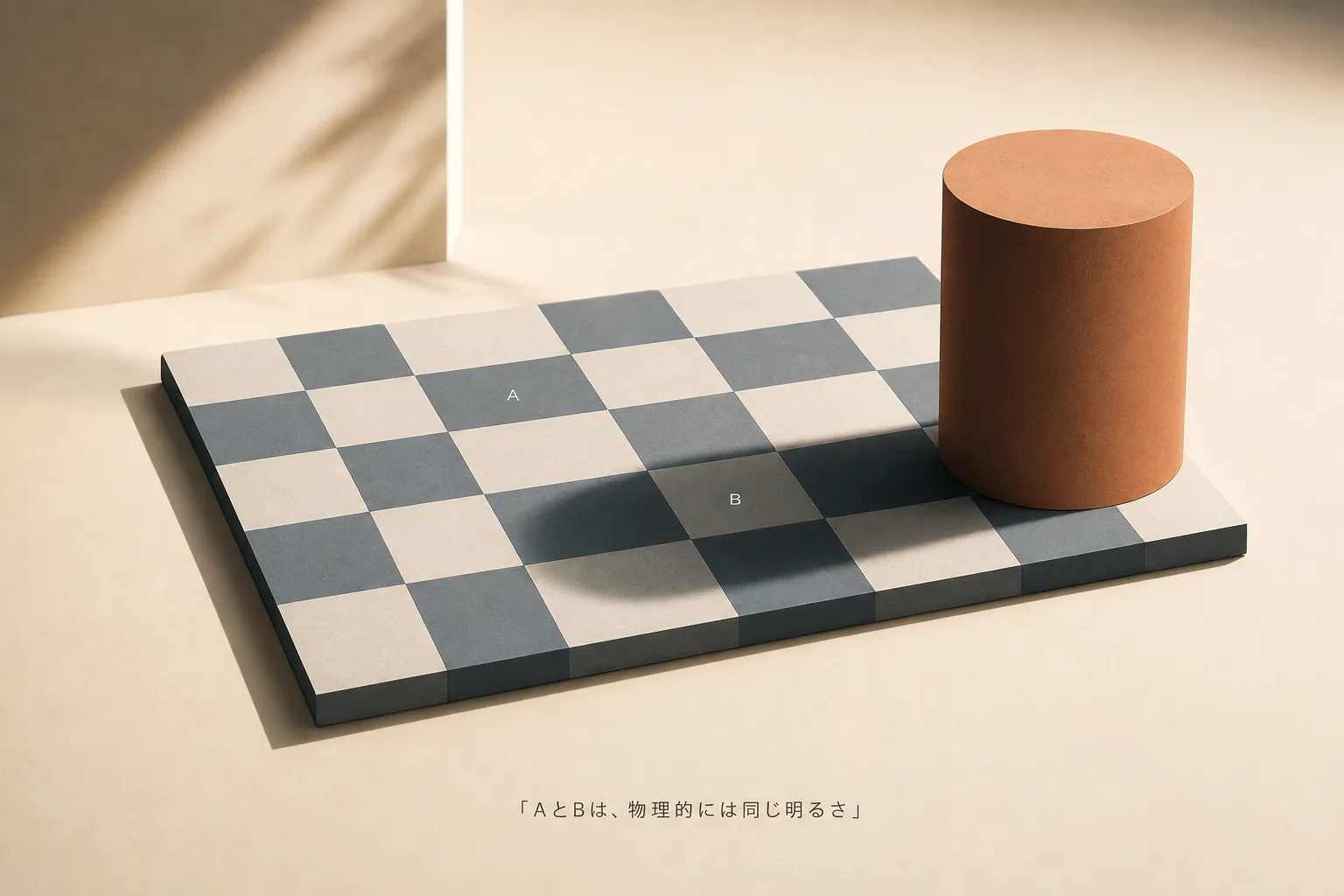 市松模様と影の明るさ錯視の独自再構成図(AとBは物理的には同じ明るさ)