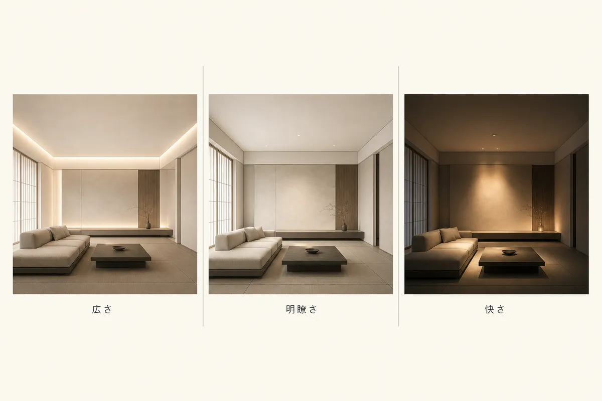 光の分布で広さ・明瞭さ・快さの三つの印象が変わることを示す三軸の概念図