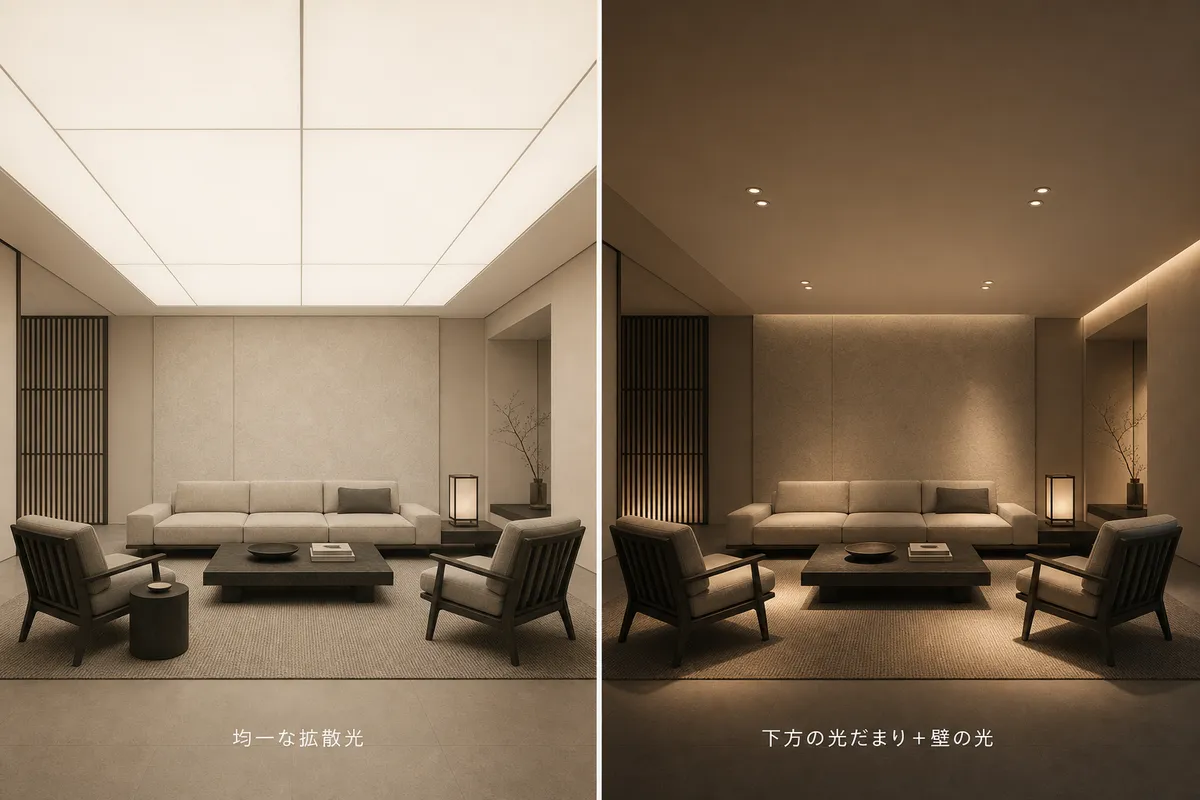 同じ部屋・同じ家具のまま照明だけ変えた対比図(均一な拡散光と、下方の光だまり+壁の光)