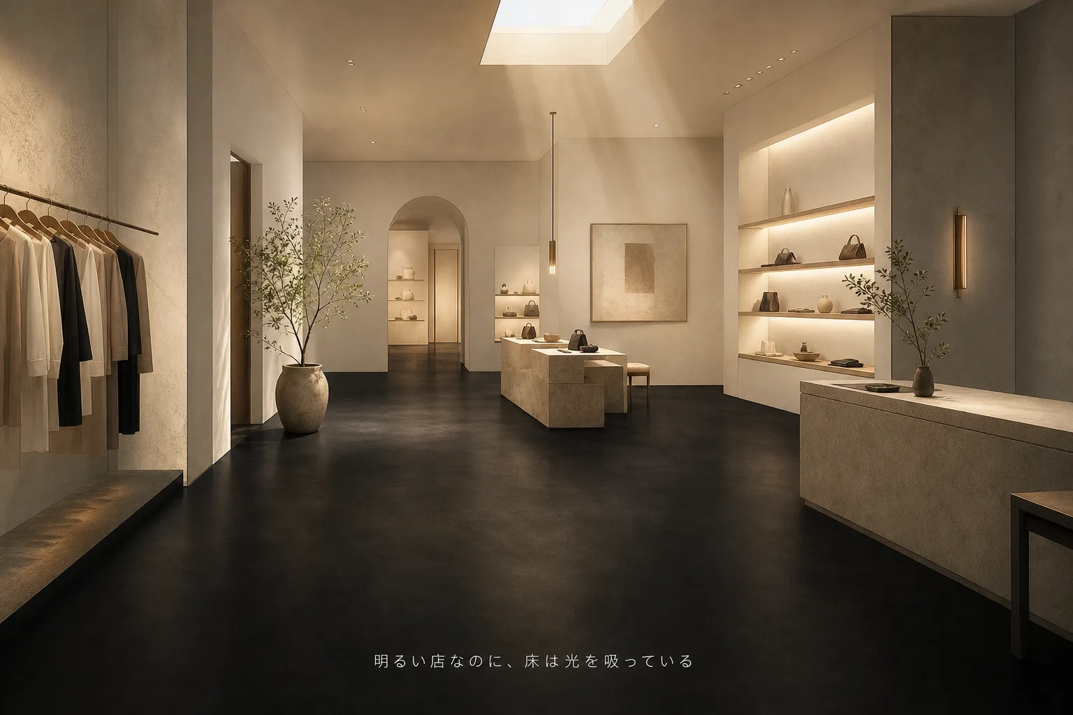 明るい印象の店なのに床が光を吸う暗い仕上げになっている概念図(下方への光の流れが際立つ)