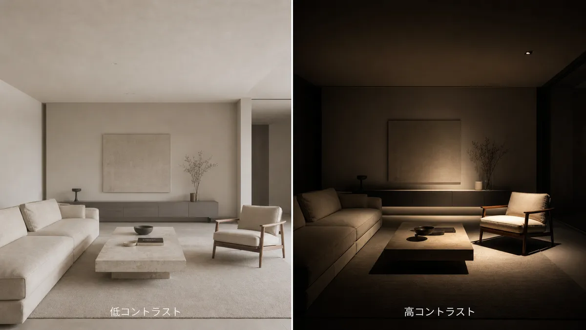 同じ部屋の低コントラストと高コントラスト(包む光と焦点の光の比率の違い)
