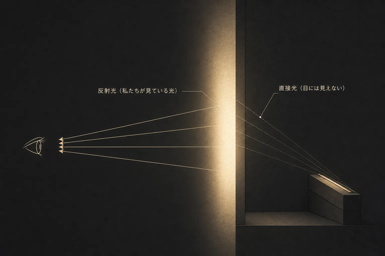 直接光は見えず、反射光だけが見えるという概念図