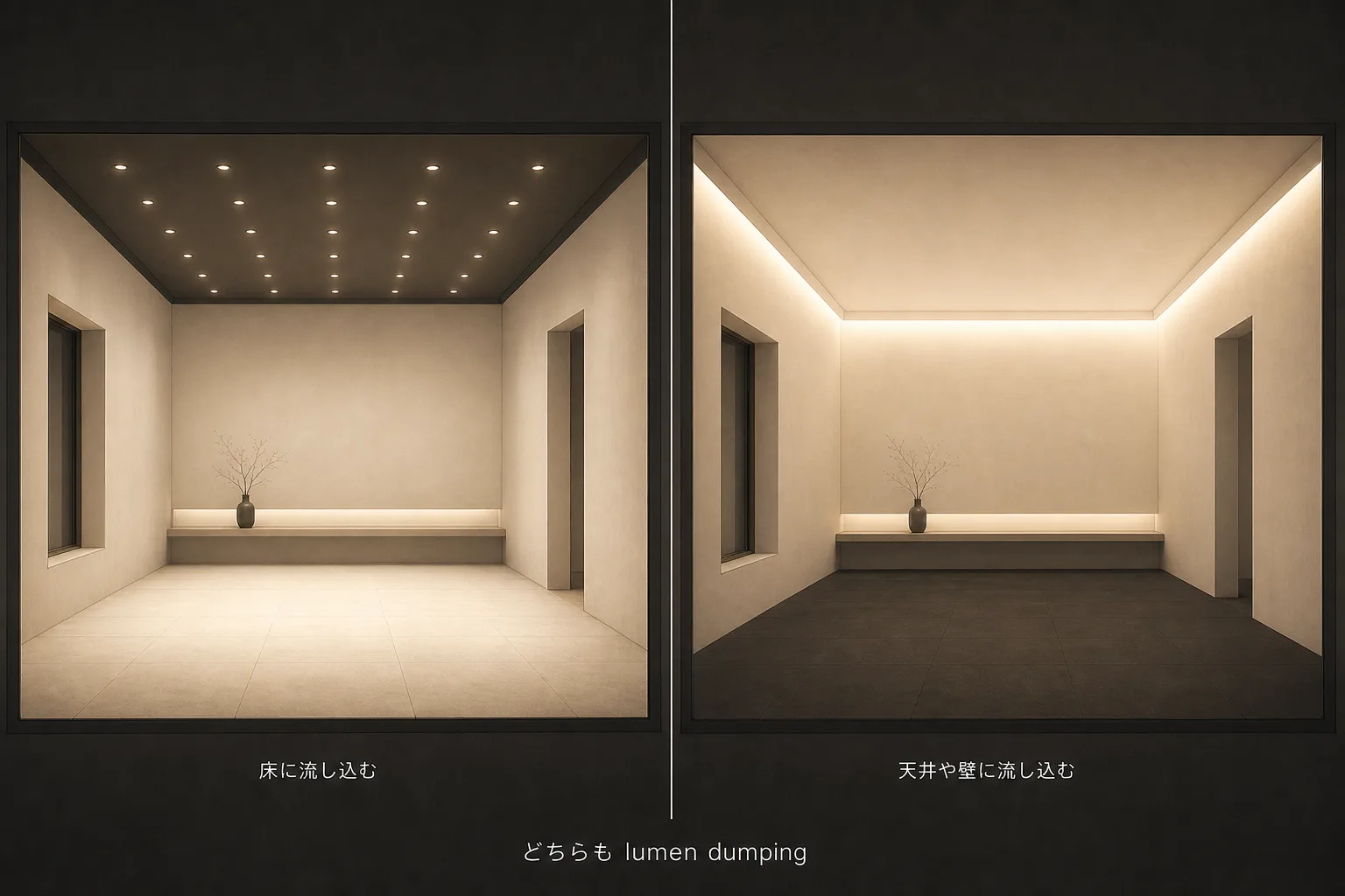 床に流し込む照明と天井や壁に流し込む間接照明の対比(どちらも lumen dumping)