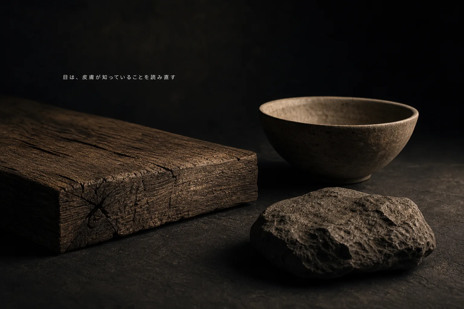 低い光に照らされた自然素材(古材・石・器)を目が皮膚の記憶で読み直す概念図
