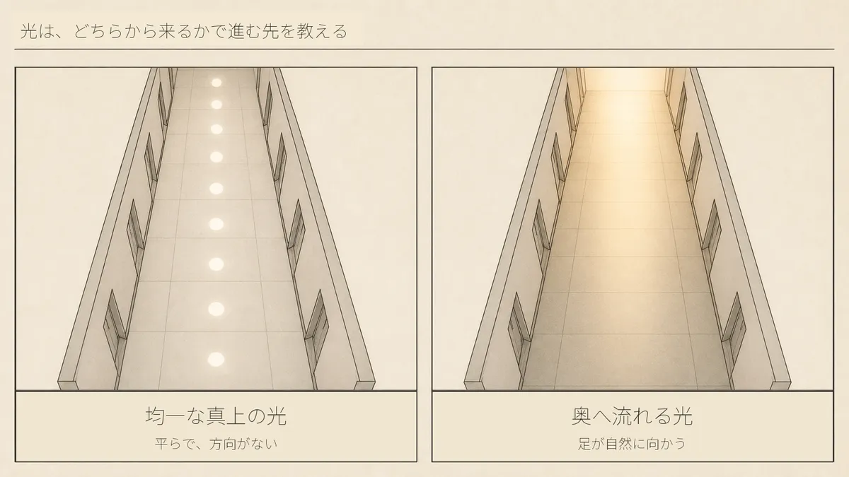 真上からの均一な光は方向を持たず、奥へ流れる光は足を自然に向かわせる、光の流れの対比図