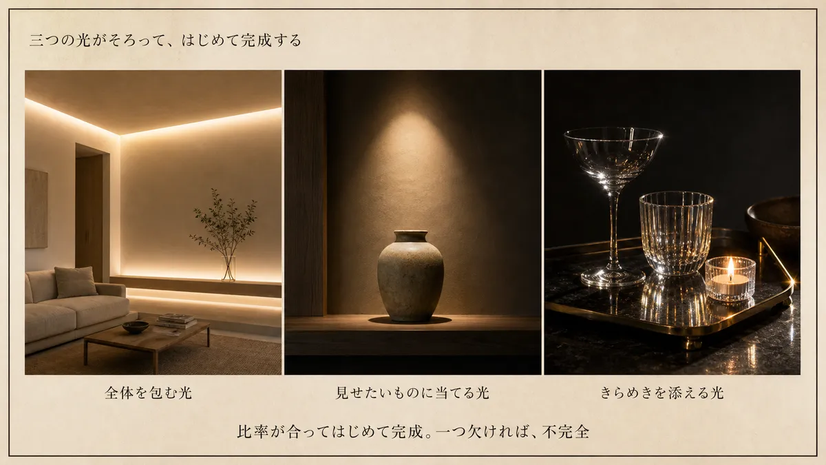 全体を包む光・見せたいものに当てる光・きらめきの三つがそろって完成することを示した図
