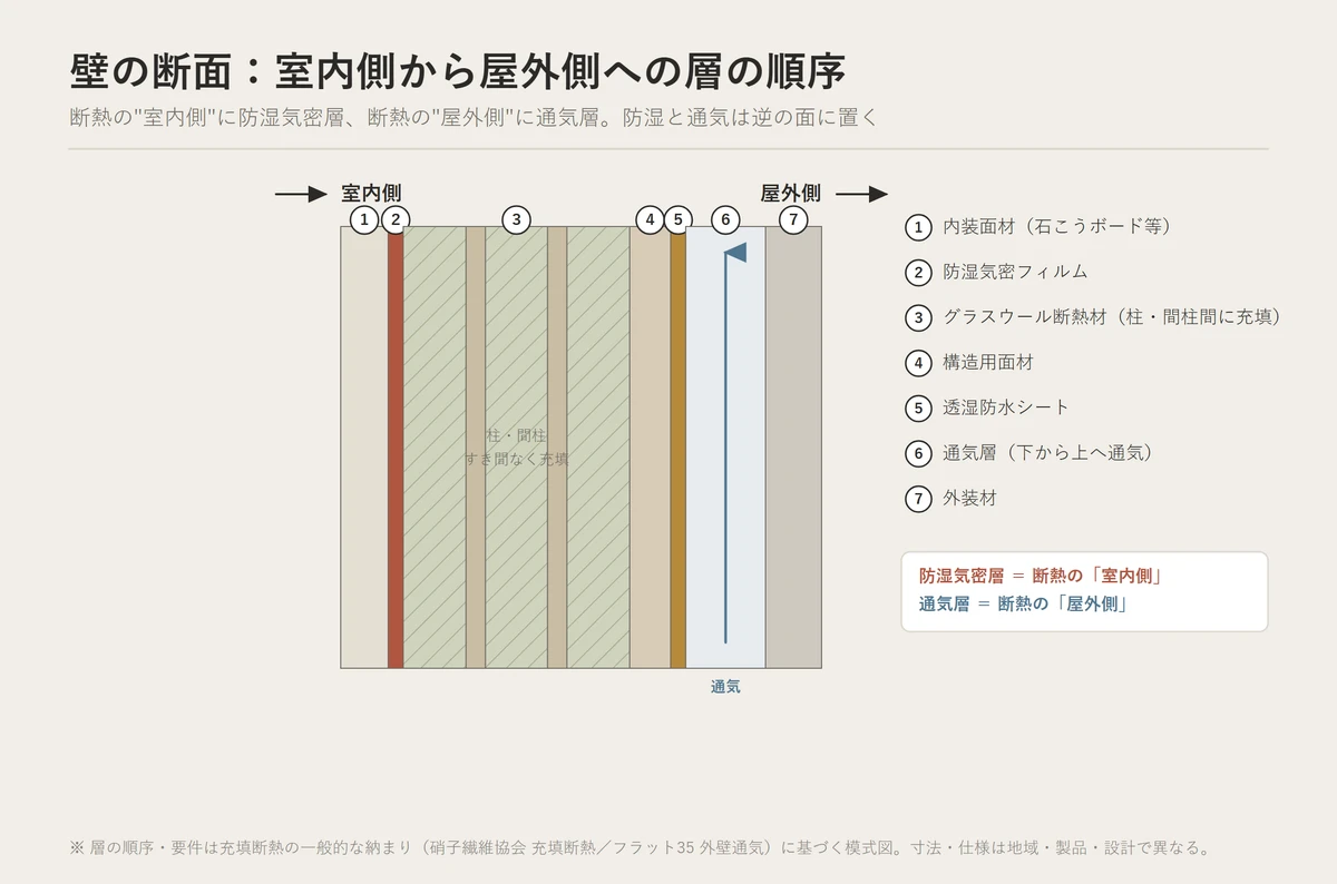 内装・防湿・断熱・構造用面材・透湿防水・通気層・外装の層順を示した通気層壁の断面模式図
