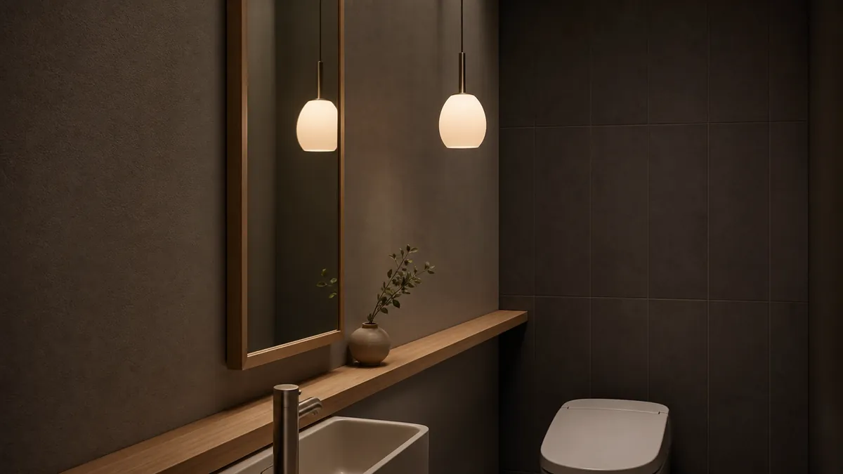 鏡と壁面への映り込みを確認するトイレのペンダント照明