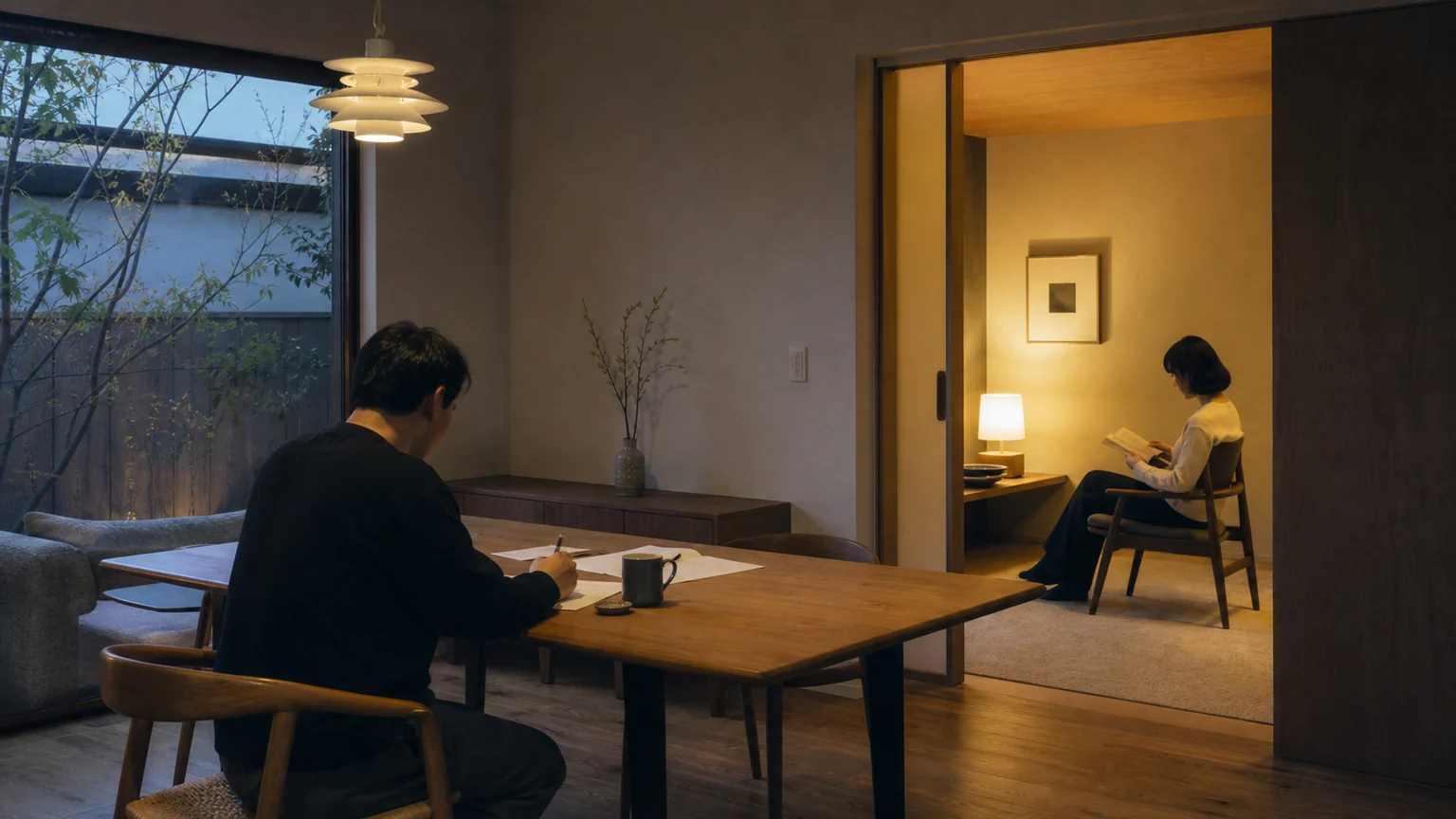 家族が同じ室内で別々のことをできる居間と縁の小さな居場所