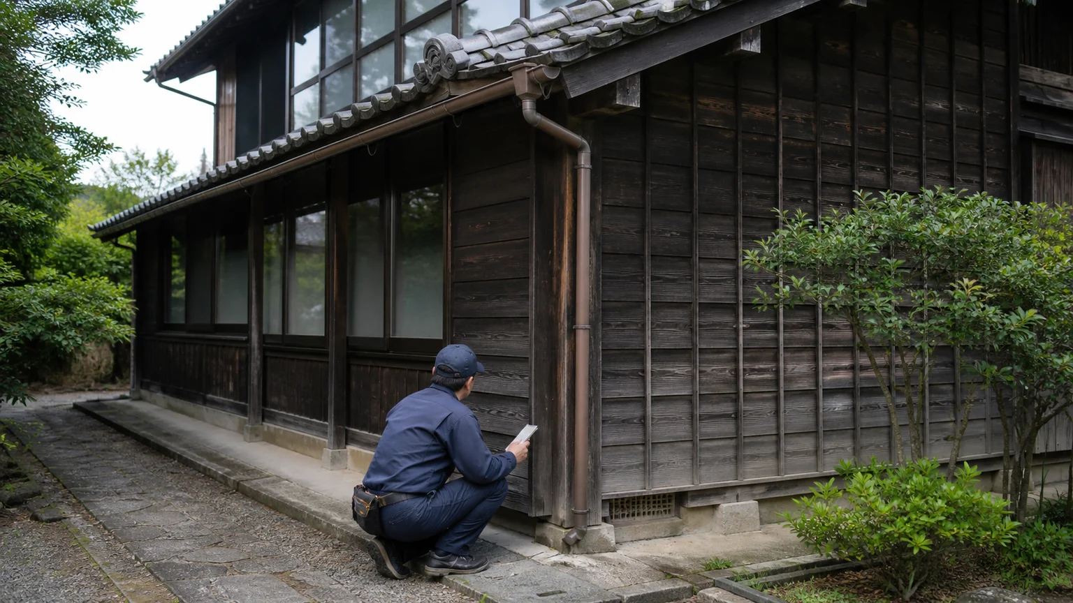 長く使われてきた住宅で雨仕舞いと木部を静かに点検し記録する場面