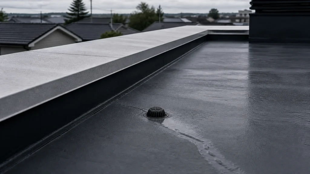 雨後のフラットルーフで屋根面とパラペットとドレンを見渡す