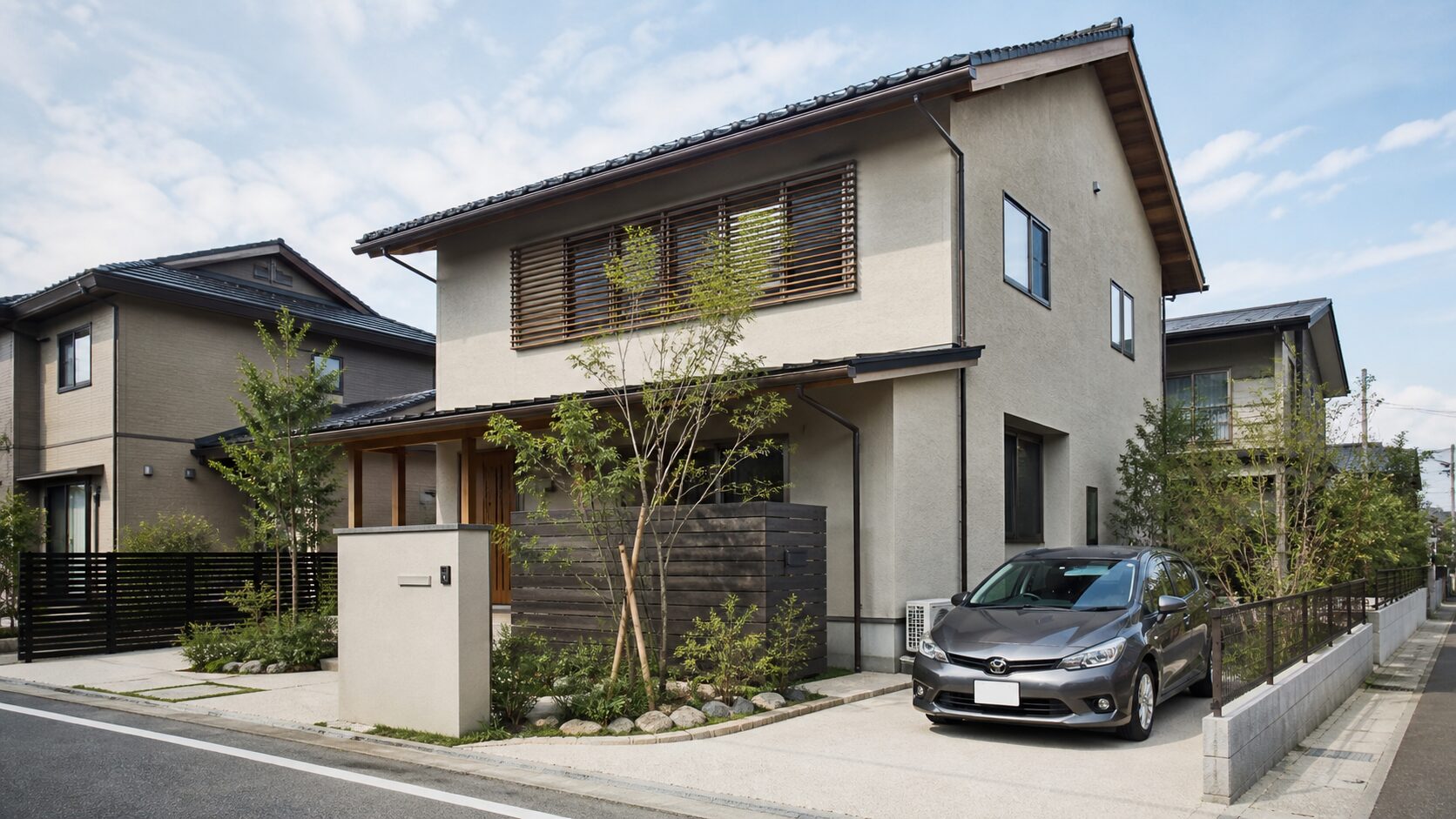 駐車場と門柱、植栽を含む戸建て敷地の全体像
