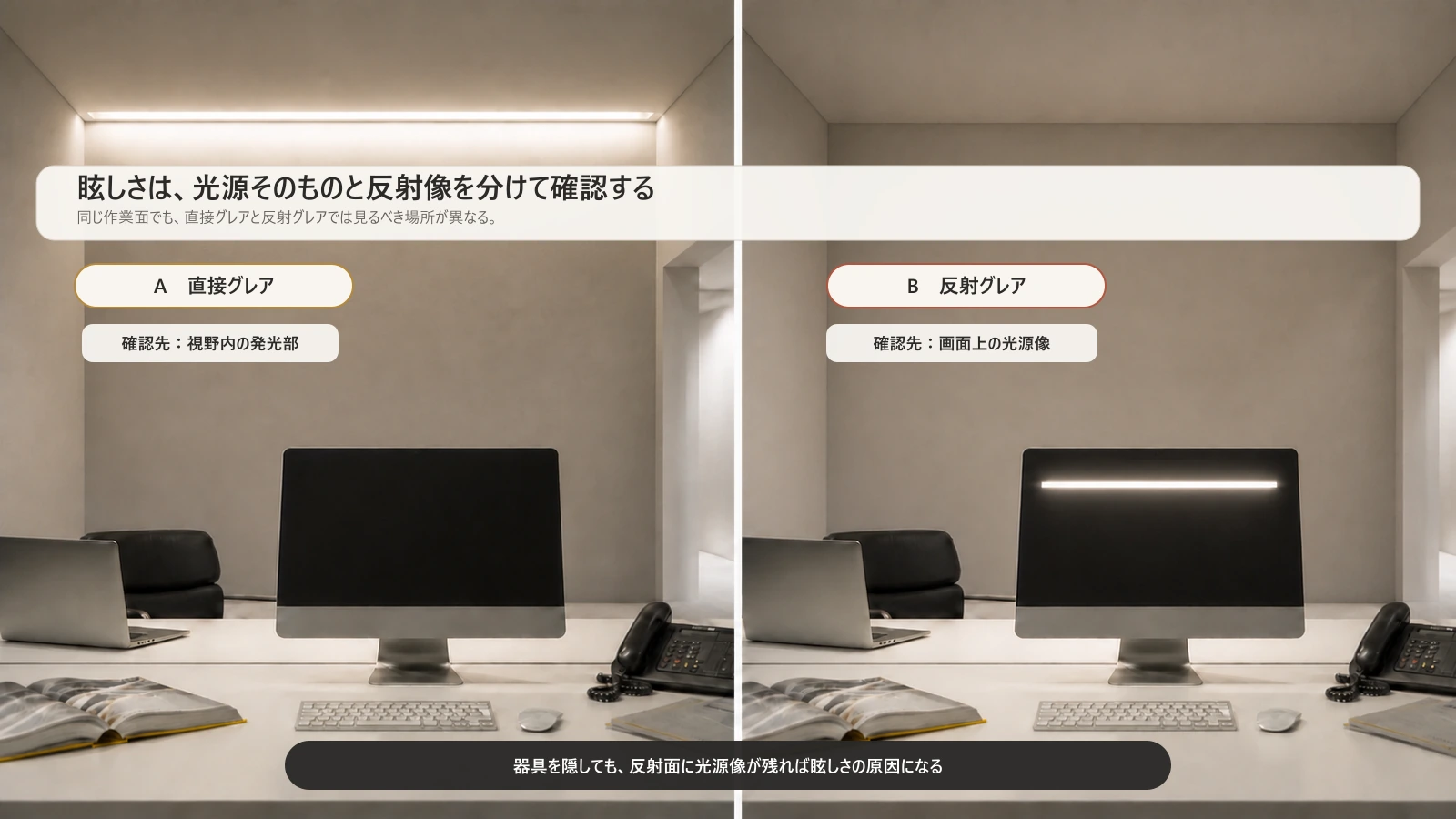 同じデスクで、視野内の天井開口とモニターに映る横長の光源像を比較する図