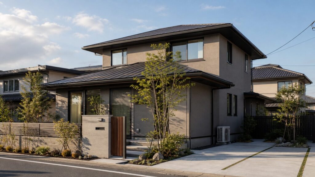 道路側から見た現代的な戸建て住宅の外観