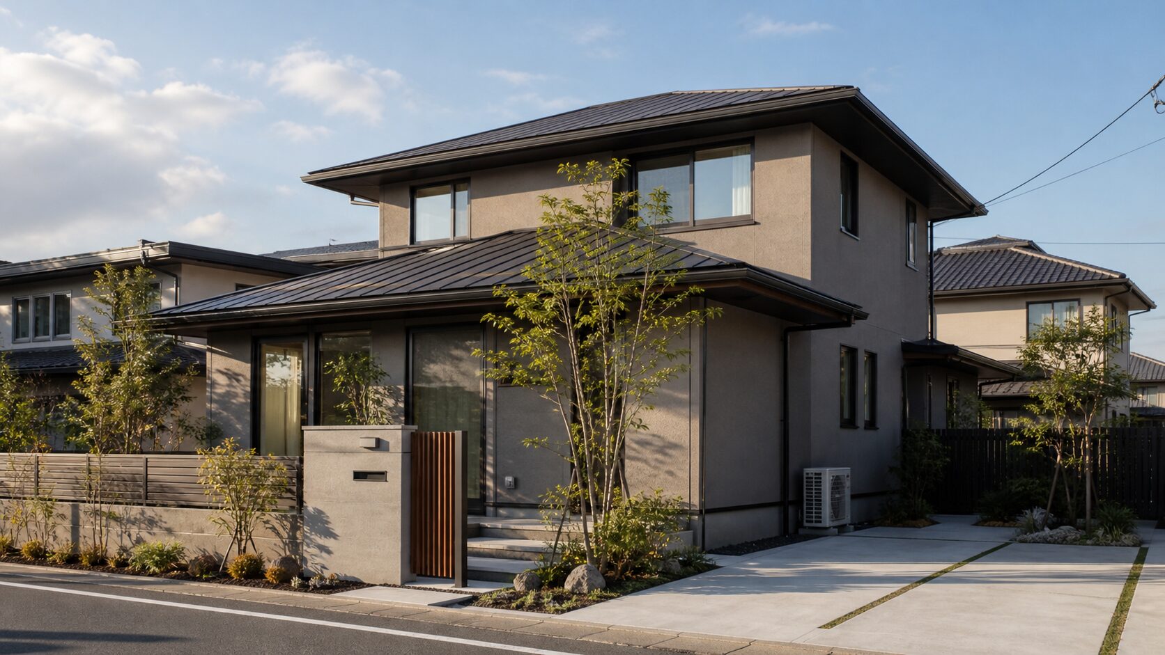 道路側から見た現代的な戸建て住宅の外観