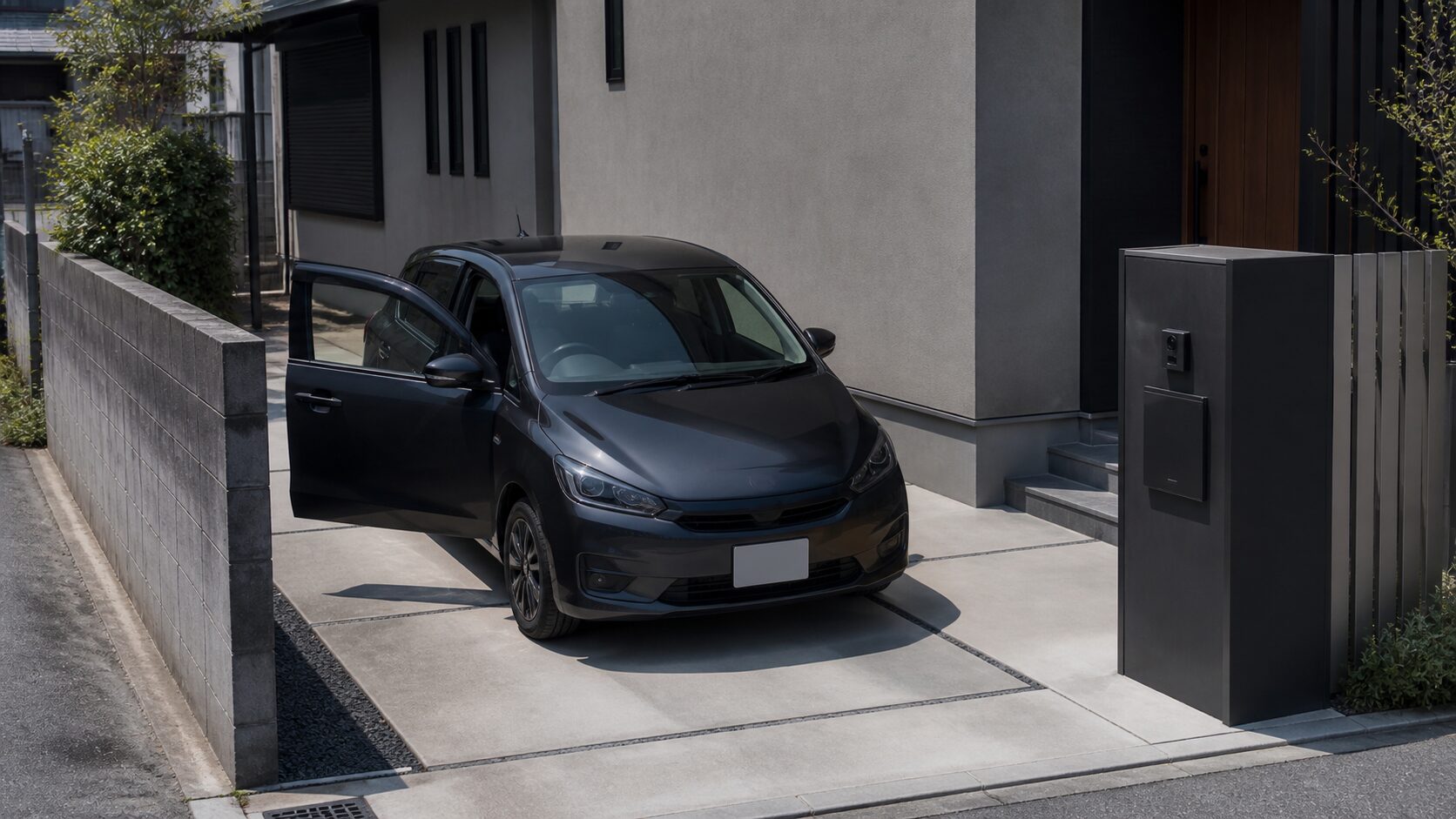 開いた車のドア、長く続く外壁、前方の門柱が別々の位置にある駐車スペース