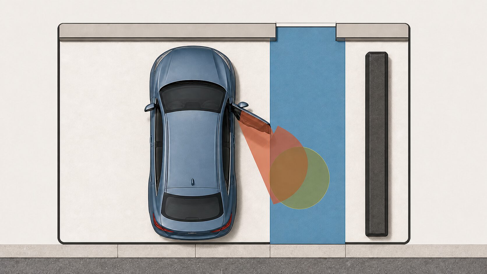 駐車した車の開いたドアと人が立つ領域が、玄関へ続く歩行帯へ重なる平面図