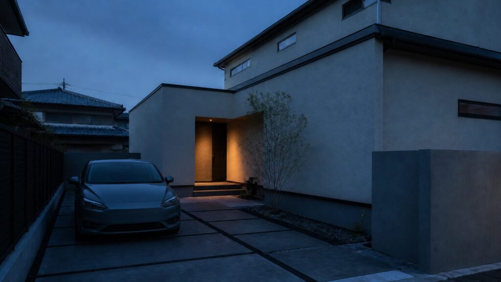 車を停めた位置から玄関までの歩行経路が読める、夕暮れの戸建て駐車スペース