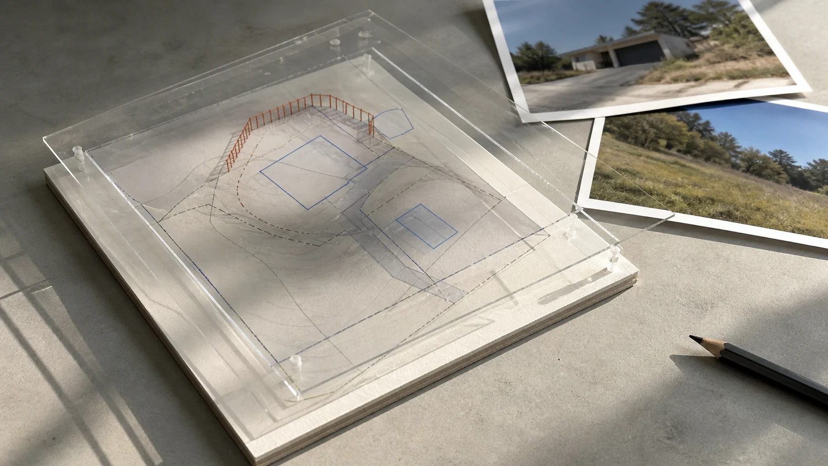 擁壁と境界と建物計画を透明レイヤーで重ねる編集イメージ