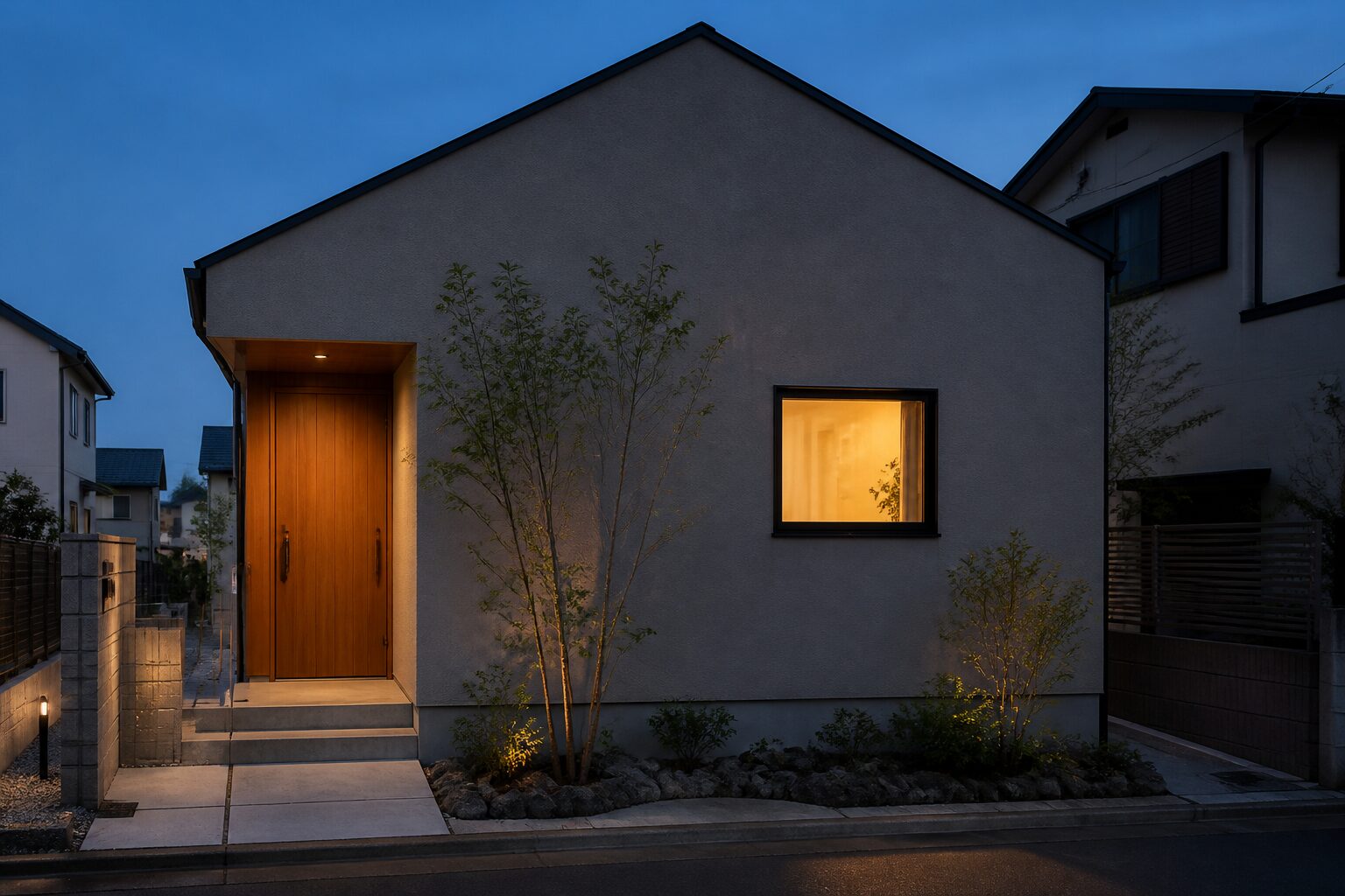 夕方の住宅街に建つ落ち着いた戸建て外観